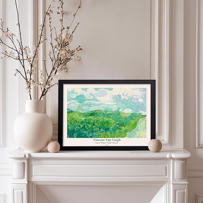Monem Art Vintage Van Gogh Poster - Retro Green Wheat Fields Auvers Print - Impressionism Art - Fine Art - Landscape Art - Classic Painting Art - Great Living Room Decor - 11x14 Black Framed