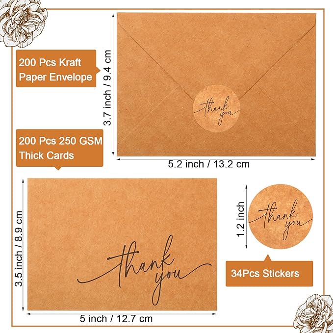 Gueevin 200 Pcs Thank You Cards with Kraft Envelopes and Stickers Bulk, 3.5 x 5 Inch Classy Blank Thank You Notes for Wedding, Business, Graduation, Baby Shower, Bridal Shower, Funeral (Brown)