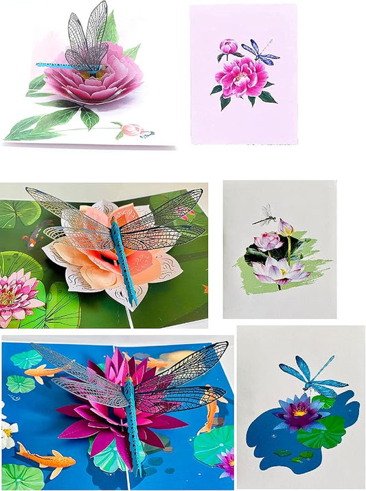 Dragonfly & Flower 3D Pop-Up Greeting Card Set – Pack of 3 Nature-Inspired Cards with Envelopes – Elegant Handmade Cards for Birthdays, Mother’s Day, Thank You & Special Occasions, Set 16