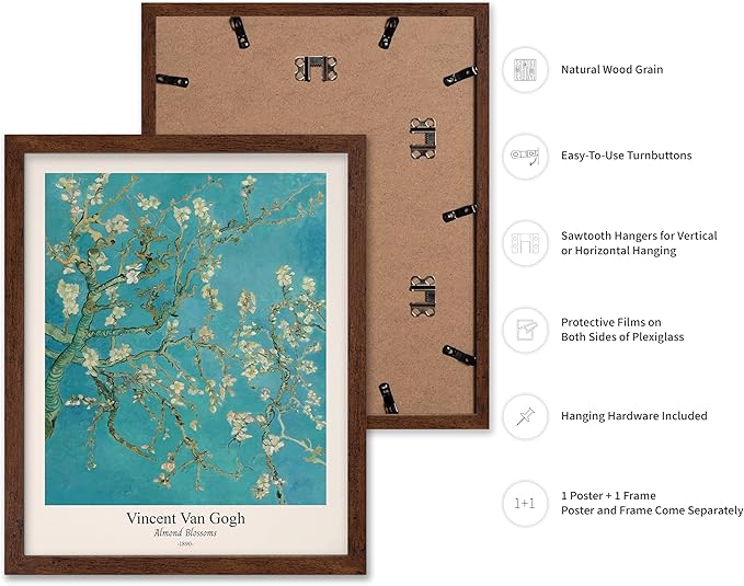 Monem Art Vintage Van Gogh Poster - Retro Almond Blossoms Print - Impressionism Art - Fine Art - Classic Painting Art - Flower Art - Floral Bedroom or Office Wall Decor - 8x10 Brown Framed