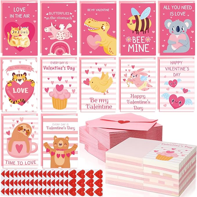 180 Pcs Mini Valentine's Day Cards Assortment Bulk Classroom Kids Greeting Cards 3.5 x 2.4''Foldable Love Heart Greeting Cards Wedding Card with Envelopes Stickers for Valentines Day