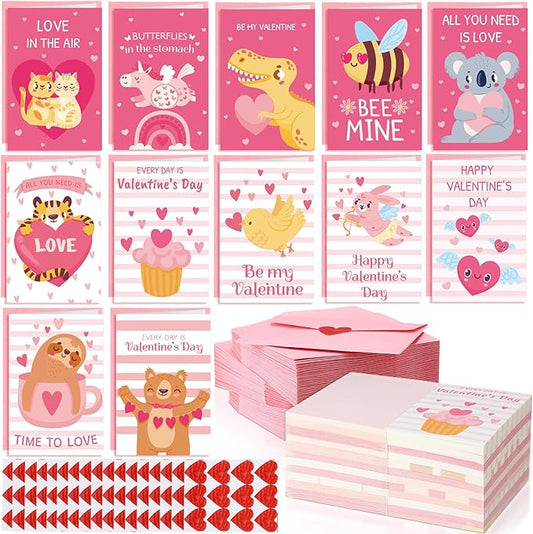 180 Pcs Mini Valentine's Day Cards Assortment Bulk Classroom Kids Greeting Cards 3.5 x 2.4''Foldable Love Heart Greeting Cards Wedding Card with Envelopes Stickers for Valentines Day
