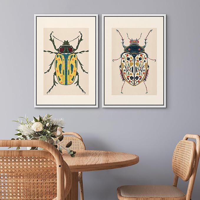 SIGNWIN Framed Canvas Print Wall Art Set Colorful Beetle Vintage Insect Illustrations Modern Art Minimal Boho Colorful for Living Room, Bedroom, Office - 24"x36"x2 WHITE