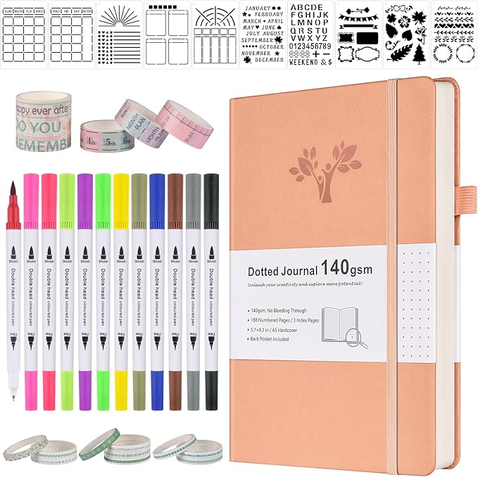 Bullet Dotted Journal Kit, 140gsm Hardcover A5 Dotted Journal with 188 Numbered Pages and 3 Index, 12 Brush Pens Dual Tip, 10 Stencils and 14 Washi Tape for Women Men Teen Girls, Pink