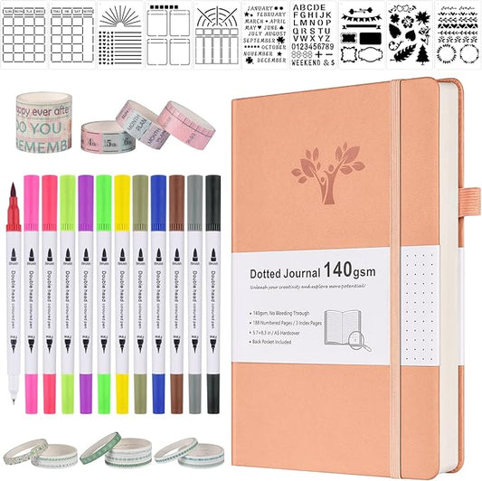 Bullet Dotted Journal Kit, 140gsm Hardcover A5 Dotted Journal with 188 Numbered Pages and 3 Index, 12 Brush Pens Dual Tip, 10 Stencils and 14 Washi Tape for Women Men Teen Girls, Pink
