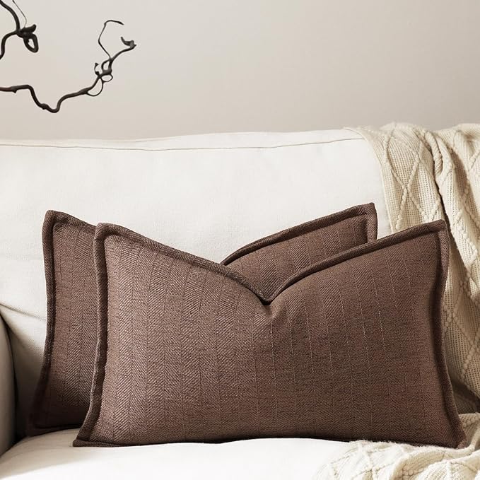 12x20 Linen Pillow Covers Brown Pack of 2 Farmhouse Boho Neutral Accents Striped Textured Rectangular Lumbar Decorative Throw Pillow Cases for Living Room Couch Bed Home Decor
