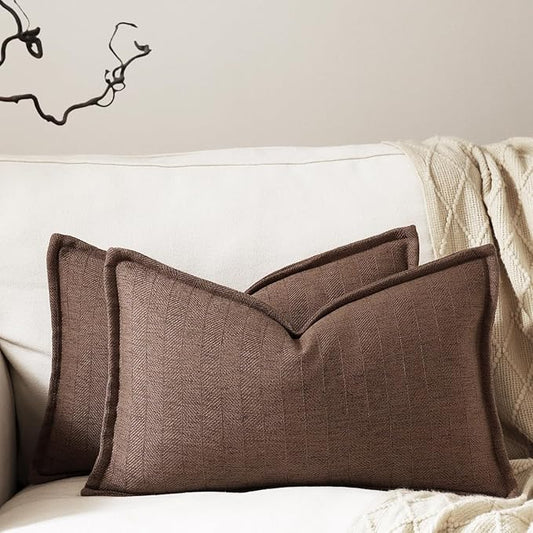 12x20 Linen Pillow Covers Brown Pack of 2 Farmhouse Boho Neutral Accents Striped Textured Rectangular Lumbar Decorative Throw Pillow Cases for Living Room Couch Bed Home Decor