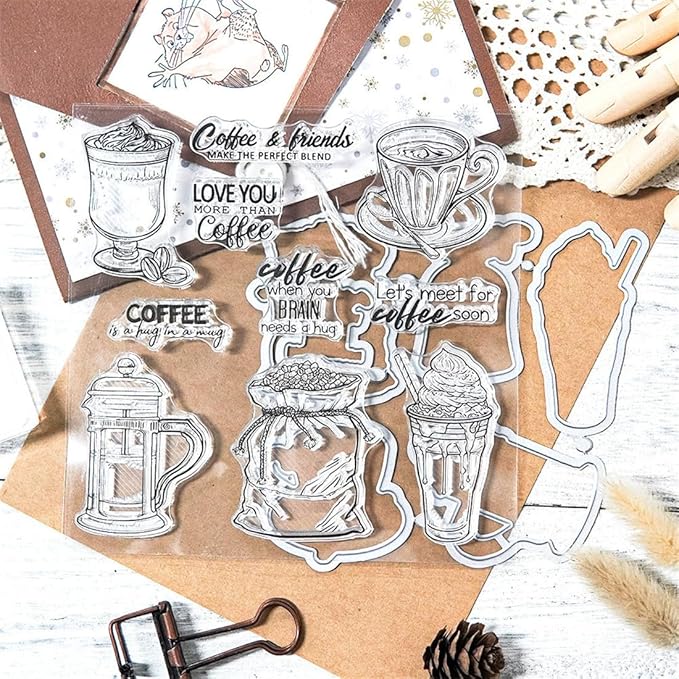 Coffee Beans Cup Stamps and Cutting Dies for Card Making DIY Transparent Silicone Clear Stamp and Metal Die Cuts Sets for Scrapbooking Paper Greeting Cards Decor Seals Craft Supplies