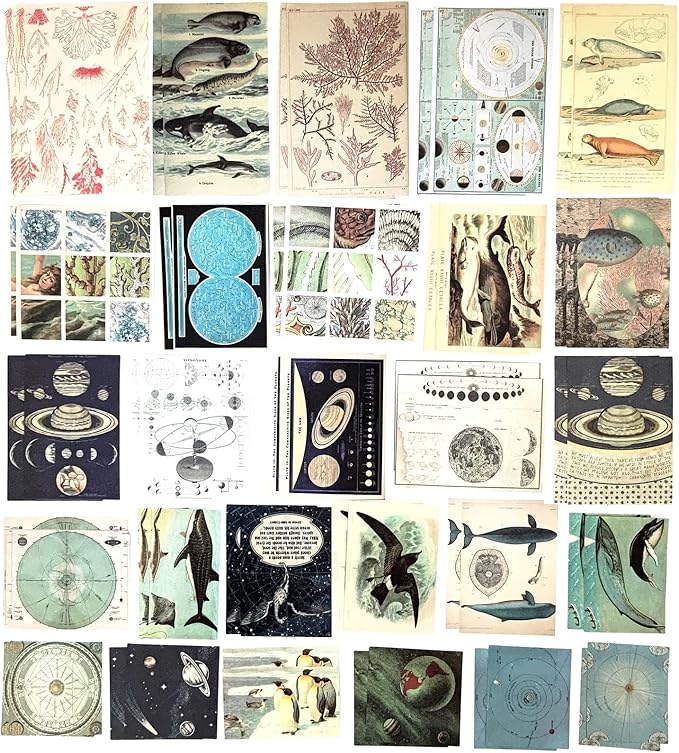 200 Pieces Vintage Ephemera Scrapbooking Supplies Pack for Journaling, Decoupage Paper Scrapbook Stickers Kit for Bullet Junk Journal Planners Collage Craft Notebooks Album (Space and Sea)