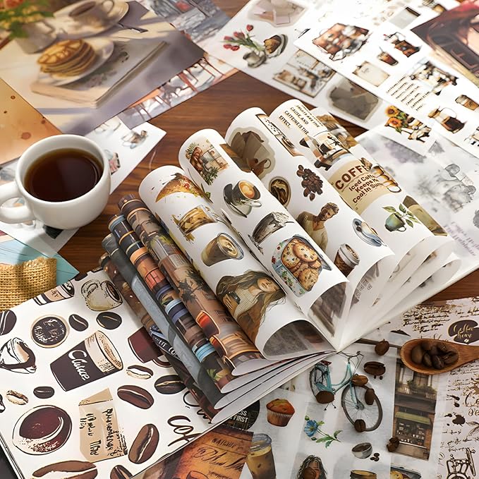 Snycler 2 Books Scrapbooking Stickers - 500 Pre-Cut Washi Stickers & 20 Scrapbook Papers Coffee and People Sticker Books for journaling Scrapbooking Supplies