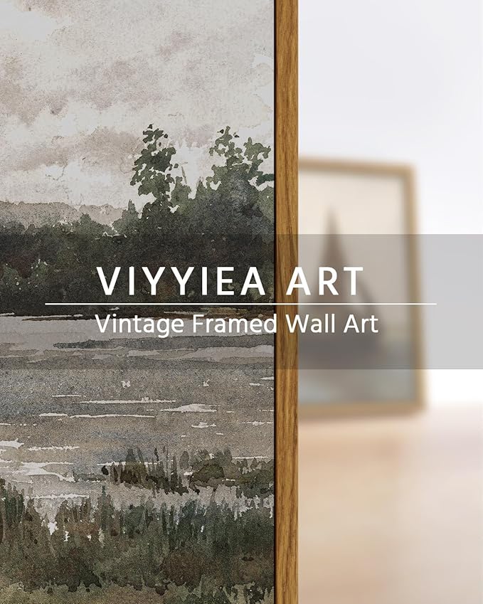 VIYYIEA Vintage Nature Framed Wall Art, Lakeside Landscape Paintings Art Decor Aesthetic, Canvas Print Artwork, Retro Scenery Wall Pictures for Bedroom Bathroom Office 11X14 Inch