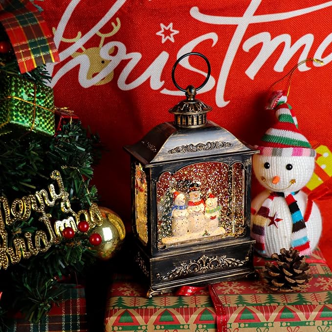 GenSwin Musical Snowman Snow Globe Lantern with 6 Hour Timer, Battery Operated & USB Powered Singing Spinning Water Glittering Snow Globe Lantern Christmas Home Decoration Gift(9.6”,3 AA)