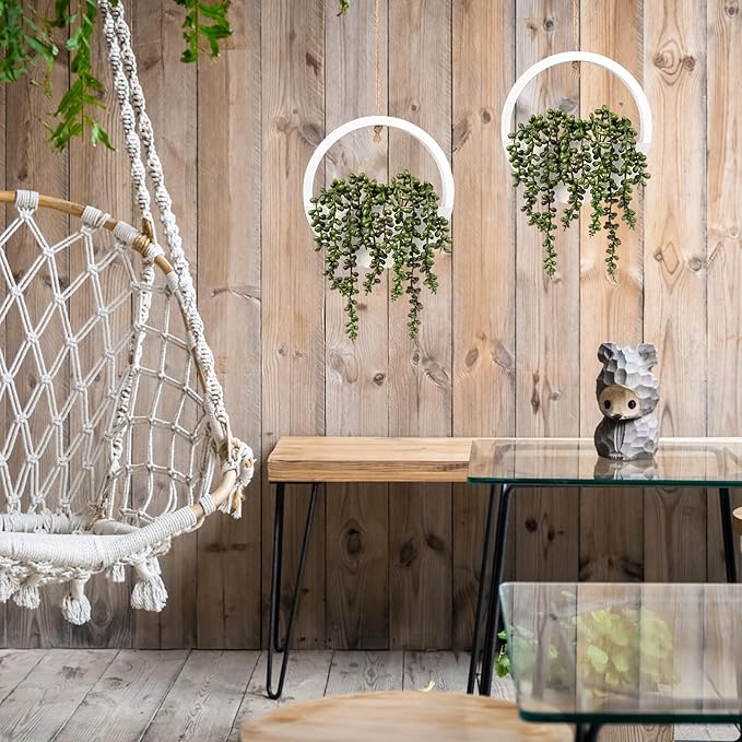 2PCS 12.2" Fake Hanging Plant, Succulent Wall Decor, Fake Plants Decor, String of Pearls in Pot with 8.3" Lanyard for House Indoor Outdoor Bedroom Wall Decor Aesthetic (White)