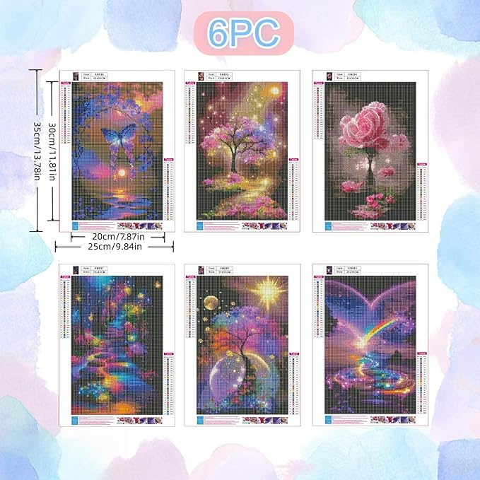 6 Pack Diamond Art Kits for Adults, Butterfly Flower Landscape 5D Diamond Painting for Adult Beginners, DIY Full Drill Round Gem Painting Dot Art Sets, Home Wall Decor 9.8x13.8 Inch