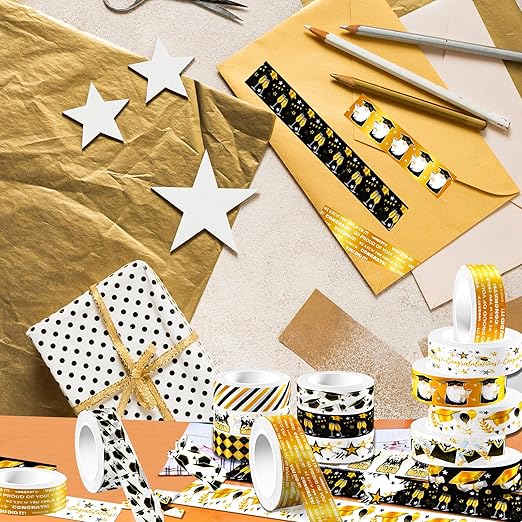 12 Rolls Graduation Washi Tape Set, Gold Foil Congratulations Graduation Masking Tapes, Black Gold Star Grad Cap Decorative Sticker Tape for Graduation Scrapbook DIY Crafts Gift Packaging 16.4FT