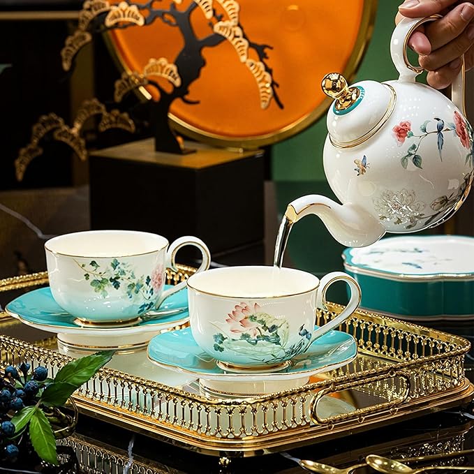KAMMAK Tea Pot and Cups Set for Adults, Bone China Tea Cup and Saucer with Teapot, Porcelain Coffee Cups and Pot, Teapot with Tray and Gift Box for Latte, Afternoon Tea Party