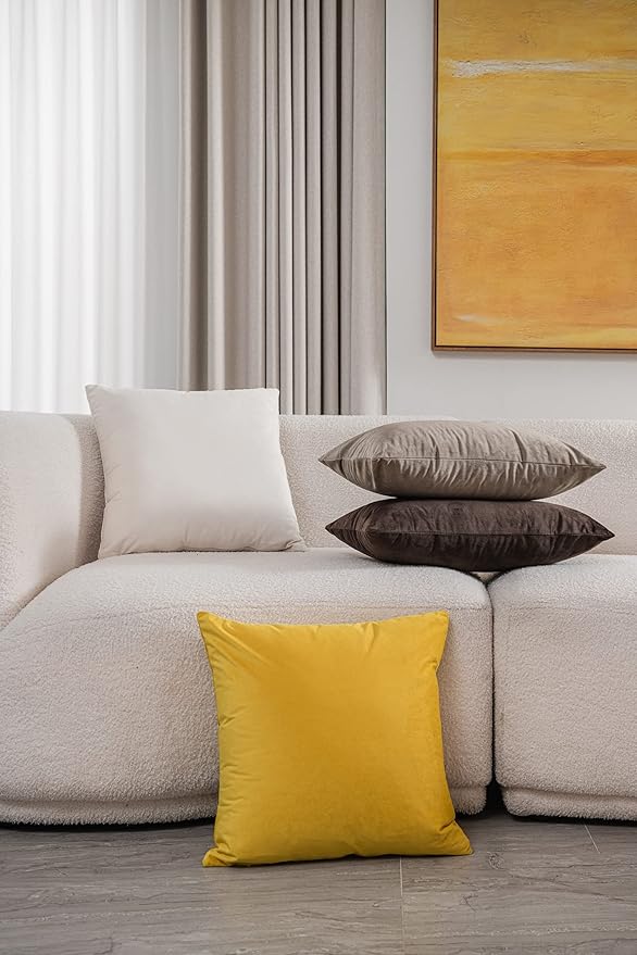 Couch Pillow Covers 18x18 Yellow: 2 Pack Cozy Soft Velvet Square Throw Pillow Cases for Farmhouse Home Decor