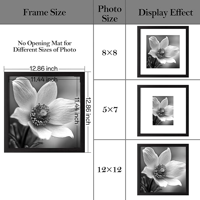 eletecpro 12x12 Picture Frames Set of 9 with 12x12 inches Mat, No Opening Free Size Mat for Multi-size Photos, Square Gallery Wall Decor, Black Collage Frame Set for Wall Hanging