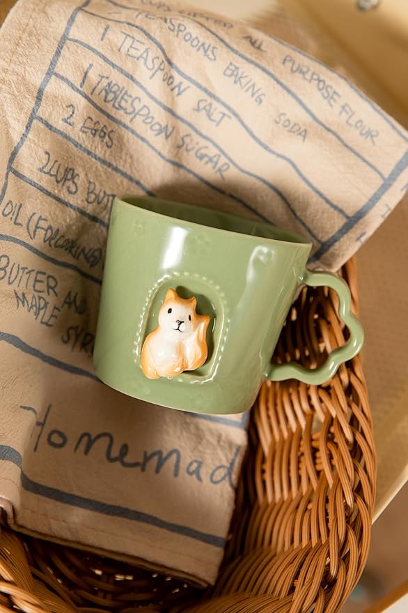 DIHOclub Squirrel Ceramic Cup Window Animals Mug Cute Cartoon Handmade Figurine Mugs,Holiday and Birthday Gift for Daughter,Son,Kids,9 OZ (Green)
