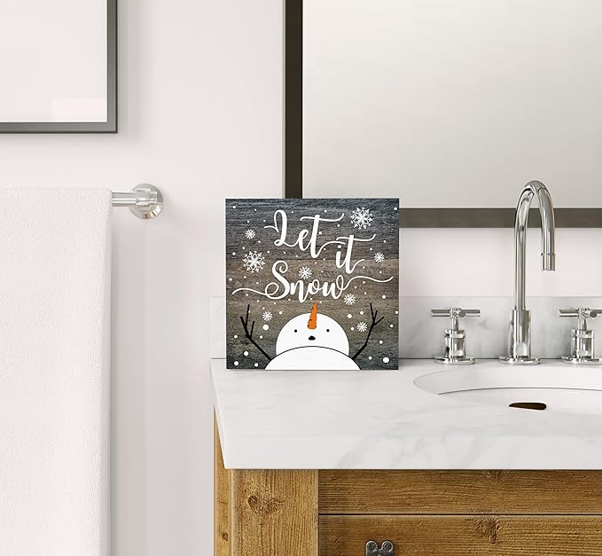 SRADMO Let It Snow Christmas Wooden Sign Desk Decor, Snowman Christmas Decor, Rustic Winter Snowflake Wood Block Signs for Home Office Xmas Party Holiday Desk Table Shelf Decorations, 8x8 Inches
