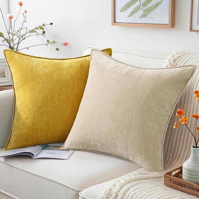 decorUhome Spring Couch Euro Sham Throw Pillow Covers 22x22 Set of 2, Decorative Soft Velvet Neutral Chenille Pillow Covers with Elegant Design for Sofa Bed Living Room Home Decor, Beige