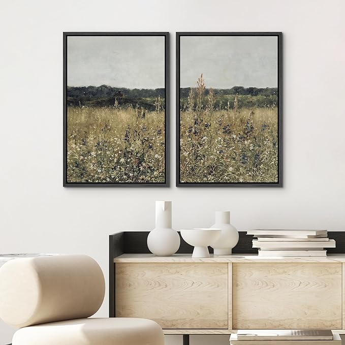 SIGNWIN Framed Canvas Print Wall Art Set Wildflower Meadow Under a Gentle Overcast Sky Illustration Modern Art Minimalism Decorative Nordic for Living Room, Bedroom, Office - 24"x36"x2 Black