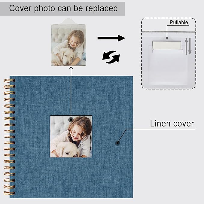 10 x 10 Inch Scrapbook Photo Album, DIY Memory Book Linen Cover for Photos, Hardcover Kraft White Pages Scrap Book Photo Albums for Travel, Wedding Anniversary Family Christmas Baby 40 Pages, Blue
