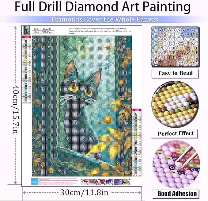 mrpwnle Black Cat Diamond Art Kits for Adults, Cat Diamond Painting Kits for Adults Beginners, 5D Diamonds Paintings Round Full Drill Gem Art Kit, Home Wall Decor Gifts 12x16inch