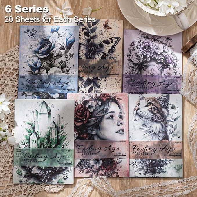 120Pcs Vintage Scrapbook Paper, Lightweight & Sulphate Ephemera Pack for Journaling, Junk Journals, Scrapbooking Supplies, Craft Kit with Glue Tape