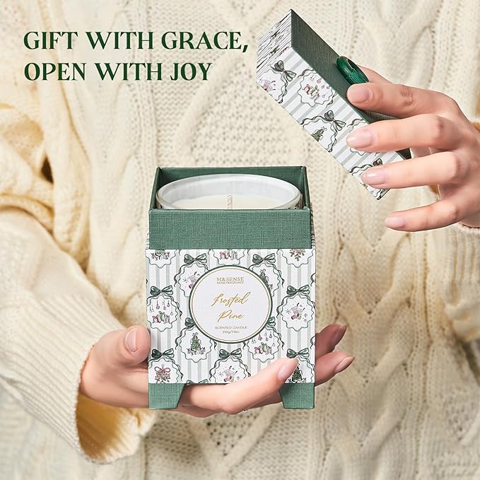 M&SENSE Christmas Holiday Candle - Frosted Pine Scent, 7.4oz Soy Wax, Winter Scented Candle Gift for Women and Teen Girls