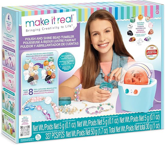 Make It Real: Rock Tumbler & Polish-Shine Bead Tumbler – 327pc Jewelry Craft Kit, Natural Stone Polishing Machine, Create 8 Bead Bracelets, Tweens-Girls-Kids 8+