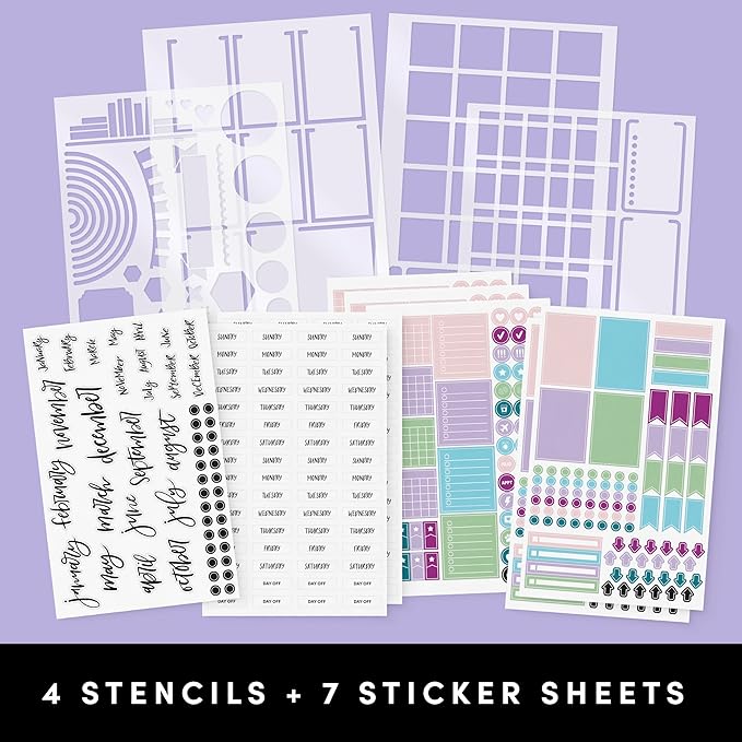 PAPERAGE Bullet Journal Kit, Dotted Journaling Set & Stationary Kit, Hardcover Dotted Journal Notebook (Raspberry), 12 fineliner Pens, 8 Sticker & 3 Stencil Sheets, 6 Washi Tapes