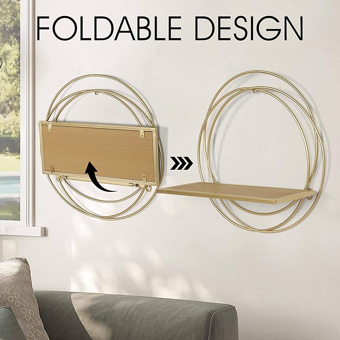 Oakrain 16" Floating Shelves Set of 2, Gold Wall Shelf with Round Metal Frame, Foldable Wooden Hanging Shelves for Storage, Living Room Decor, Bathroom, Kitchen, Bedroom, Office