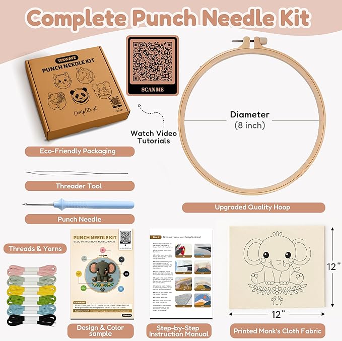 TEKWAVE Punch Needle Kit for Adults Beginners Little Elephant Design, Step-by-Step Video Pre-Printed Pattern and Written Instructions, DIY Embroidery Set with Yarn, Fabric, Hoop for Home Decor Crafts