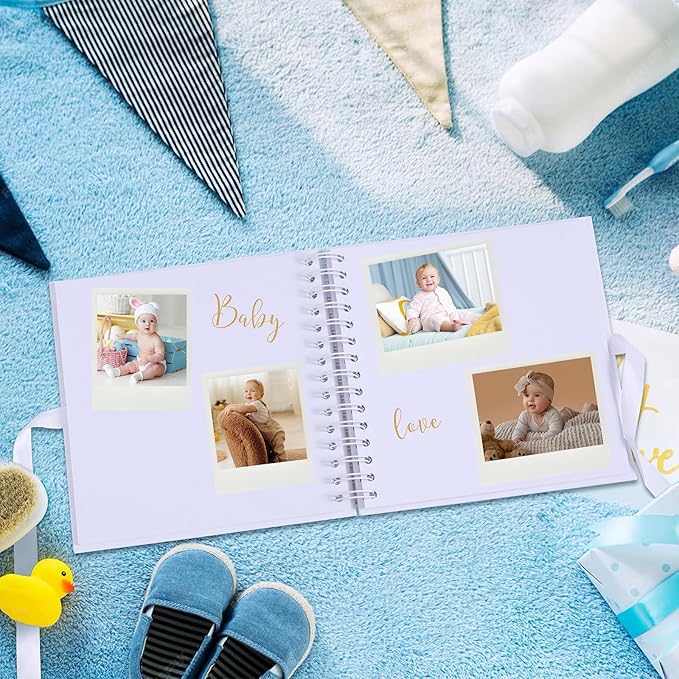 BINBE 8 x 8 Inch Letters to The Baby Scrapbook DIY Blank Paper Album Memory Book for Kids Sign with Pearl Scrapbook Photo Stickers, Metallic Letters, Bows White