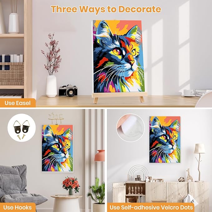 MXJSUA Colorful Cat Framed Paint by Numbers for Adults Beginners, Easy Adults' Paint-by-Number Kits on Canvas with Easel, Animal Acrylic Number Painting Crafts Kits Gifts for Home Decor, 8x12inch