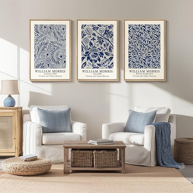 Framed Large Blue William Morris Wall Art Set of 3, Vintage Botanical Floral Canvas Wall Decor Painting, Farmhouse Aesthetic Artwork Prints for Living Room, Bedroom, Hallway, Office, Total Size 30x60