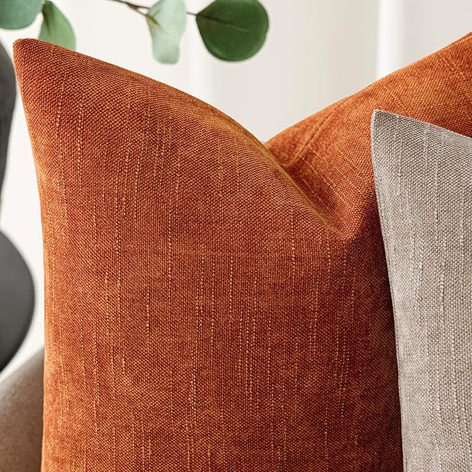 Foindtower Pack of 2 Soft Textured Chenille Throw Decorative Pillow Covers Square Accent Solid Cushion Cover Cozy Neutral Farmhouse Pillow Case for Couch Sofa Bedroom Living Room 26x26 Inch,Orange
