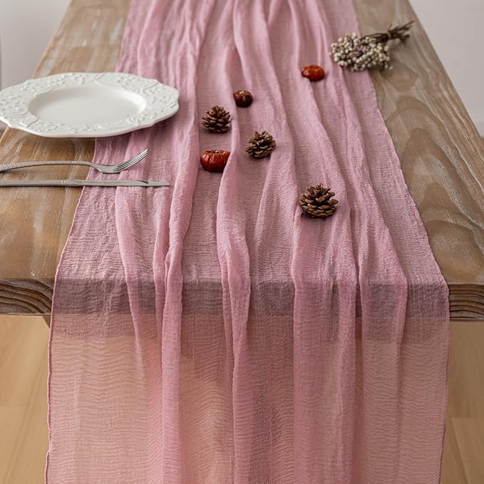 Keketoarrange Dusty Rose Valentines Cheesecloth Table Runner Gauze 120 Inch 10 FT Rustic Boho Cheese Cloth Runner for Wedding Baby Shower Bridal Shower Garden Party Sheer Spring Home Decorations
