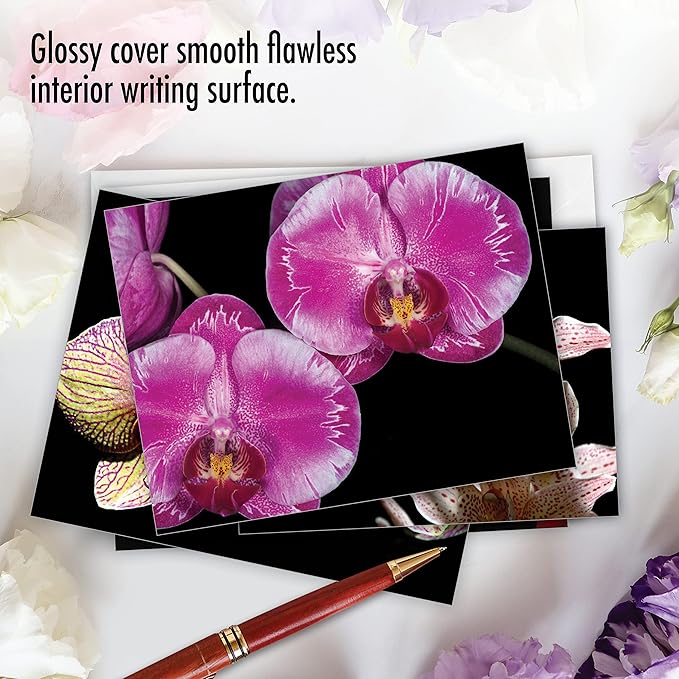 The Best Card Company - 10 Blank Note Cards with Flowers (4 x 5.12 Inch) - Floral Notecards, All Occasion Boxed Assortment - Orchid Nights M1734BN