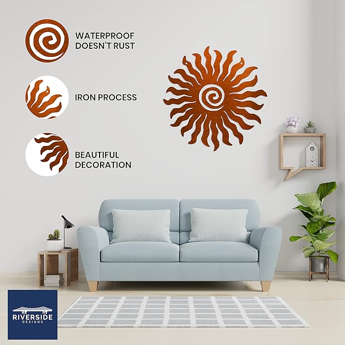 Riverside Designs Sunburst Metal Wall Art Steel Outdoor Decor - Heavy-Duty and Waterproof - Made in USA (24", Copper)
