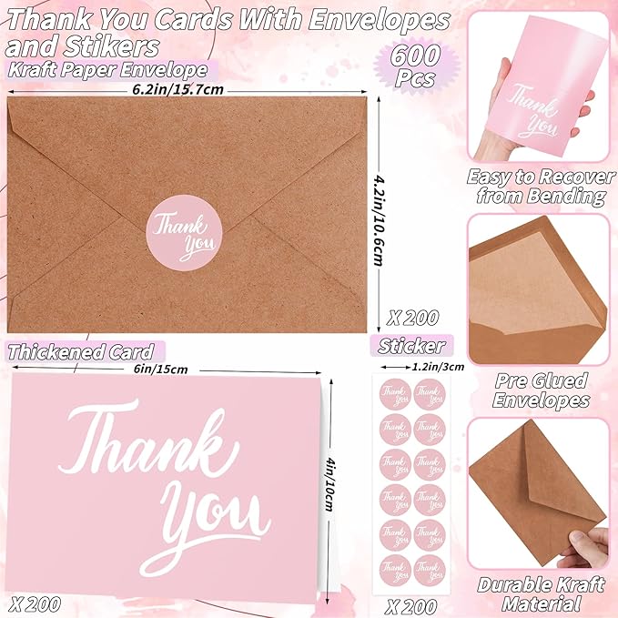 600 Pcs Pink Thank You Cards Bulk with Kraft Envelopes and Stickers 4x6 Inch Blank Thank You Notes Box Set Minimalistic Design for Business Wedding Baby Shower Graduation Bridal Shower Christmas