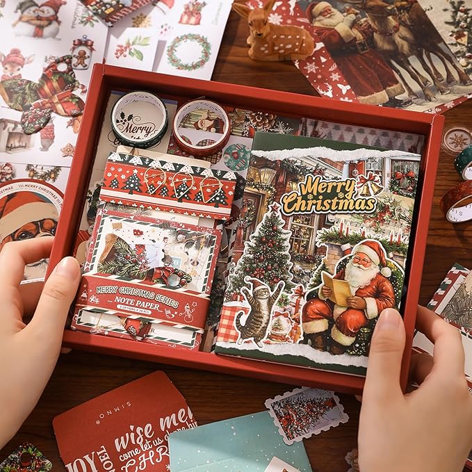 Draupnir Christmas Scrapbooking Supplies Kit,New Year Festival Aesthetic Scrapbook Stickers Kit for Junk Journal,Stationery,Bullet A6 Grid Notebook DIY Scrapbook Craft Christma Gift for Teen Girl Kid
