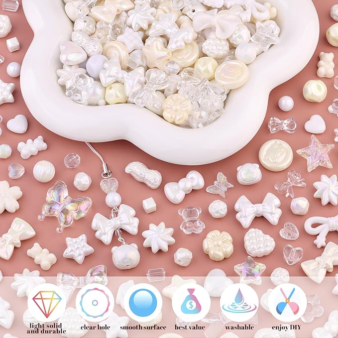 200-260PCS TINKRSTUFF Assorted Acrylic Beads White Cute Beads for Bracelet Making, Bow Flower Butterfly GummyBear Kawaii Charms, Aesthetic Bead for Necklace Keychain Jewelry Making DIY Phone Charm