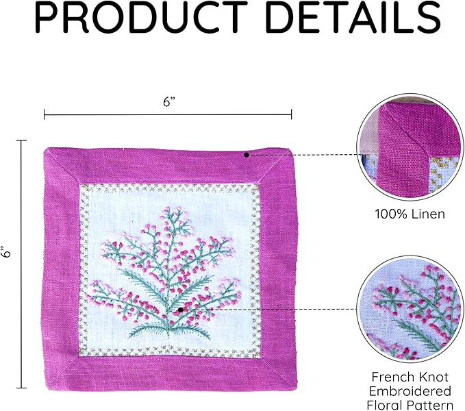 Cocktail Napkins Set of 6, 6x6 inch, 100% Linen, French Knot Hand Embroidered Floral Pattern, Reusable & Washable Napkin Coasters for Drinks, Parties, Weddings (Pink & Green)