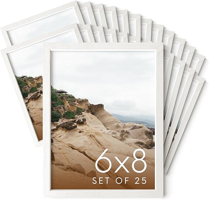 HAUS AND HUES White Oak Wood 6x8 Picture Frames - Bulk Set of 25, Premium Frames with Plexiglass (White, 6x8 in)