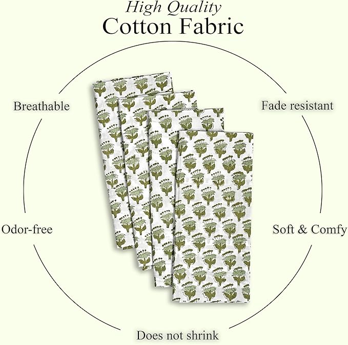 CPC Cloth Napkins 100% Cotton Set of 4 Reusable Napkins, Indian Block Print Toile Floral Dinner Napkin, Fall Thanksgiving Christmas Holiday Party Gift - Soft Absorbent Napkin, 18"x18" Emerald Green