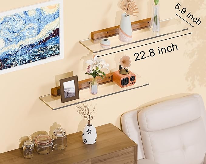 Acrylic Floating Shelves with Solid Wood Base, Wall Mounted Shelf for Plants, Perfume, Nail Polish, Bathroom, Bedroom & Living Room Décor