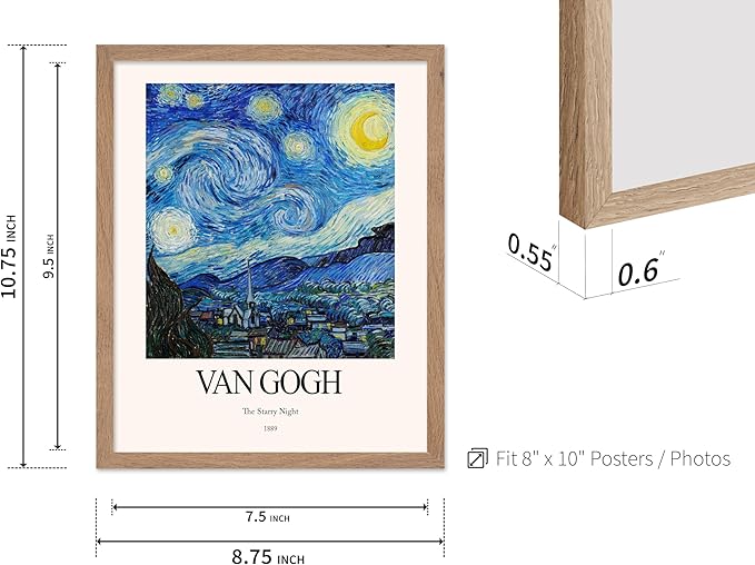 Monem Art Vintage Van Gogh Poster - Retro Impressionist Print - The Starry Night, Moon, Stars, Abstract - Gift for Artist, Friend - Wall Decor for Home, Office, 8x10 Beige Framed