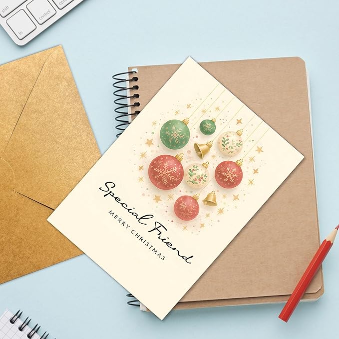 (5.3x8in) Special Friend Merry Christmas Card, Elegant Holiday Greeting with Red and Green Baubles, Gold Bells Stars, Festive Friendship Card for Best Friend, Female or Coworker (Xmas 47)